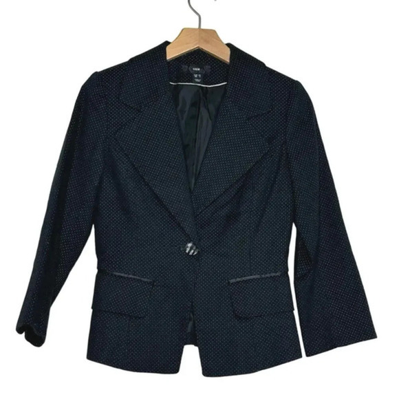 H & M Blazer Black Polka Dot 1 Button Slit pockets‎ Careerwear Stretch Woman 4 - Picture 1 of 5